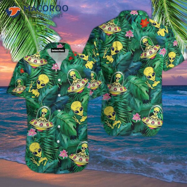 Alien Ufo Hippie Peace Life Green Hawaiian Shirts