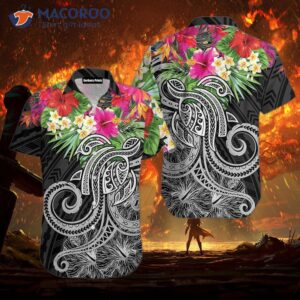 Amazing Hibiscus And Frangipani Patterned Black Hawaiian Shirts