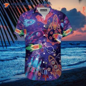 Amazing Neon-colored Light Rocket Shirts In Outer Space Hawaiian Designs