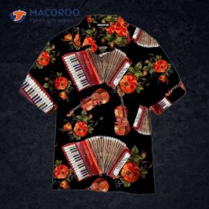 Amazing Red Accordion, Violin, And Music Instrument Flower Patterned Black Hawaiian Shirts
