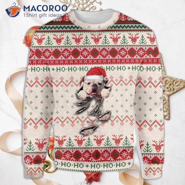 American Bulldog Scratching An Ugly Christmas Sweater