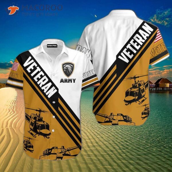 Army Veteran Helicopter Yellow And White Hawaiian Shirts