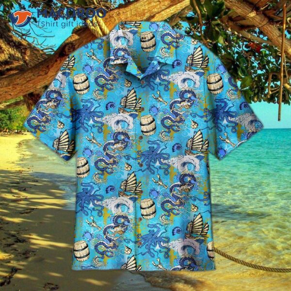 Asian Dragon, Octopus, And Sea Voyages Blue Hawaiian Shirts