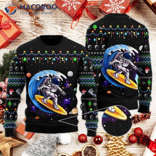 Astronauts Surf On A Surfboard In Space With An Ugly Christmas Sweater.