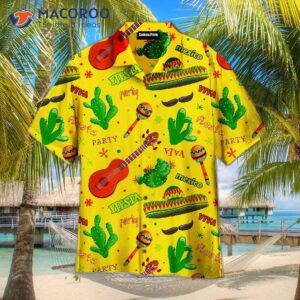 At The Fiesta Party In Mexico, Guests Wore Yellow Hawaiian Shirts With A Cactus Pattern And Sombreros, Played Maracas Vihuelas.