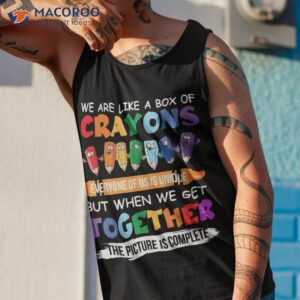 back to school teacher we are like a box of crayons shirt tank top 1