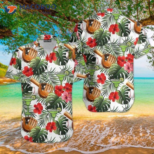 Baseball And Margarita Hibiscus Green Leaf Hawaiian Shirts