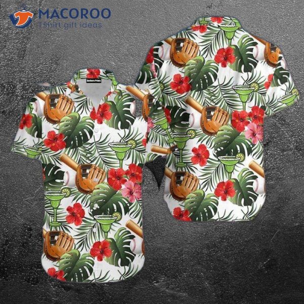 Baseball And Margarita Hibiscus Green Leaf Hawaiian Shirts