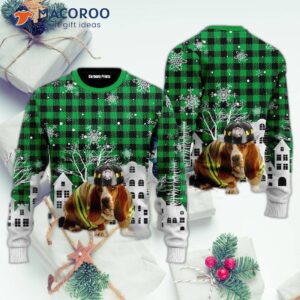 Basset Hound Costume Firefighter In Christmas City Pattern Ugly Sweater