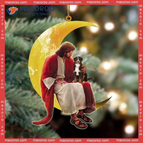 Berner Mountain Dog And Jesus Sitting On The Moon Hanging Custom-shaped Christmas Acrylic Ornament