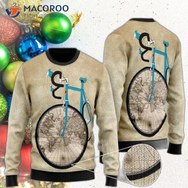 Bicycle And World Map Ugly Christmas Sweater
