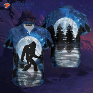 Bigfoot Fishing On A Full Moon Night In Blue Hawaiian Shirts
