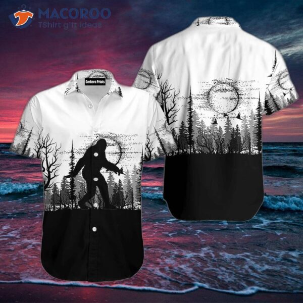 Bigfoot In The Forest Black And White Hawaiian Shirts