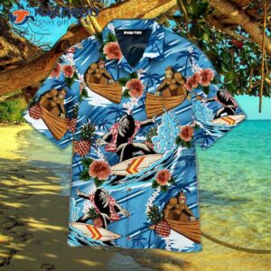 Bigfoot Is Surfing On A Hawaiian Beach Wearing Shirt.