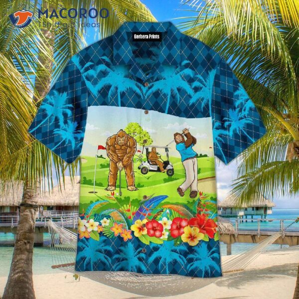 Bigfoot Playing Golf With A Tropical Palm Trees Pattern On Blue Hawaiian Shirts
