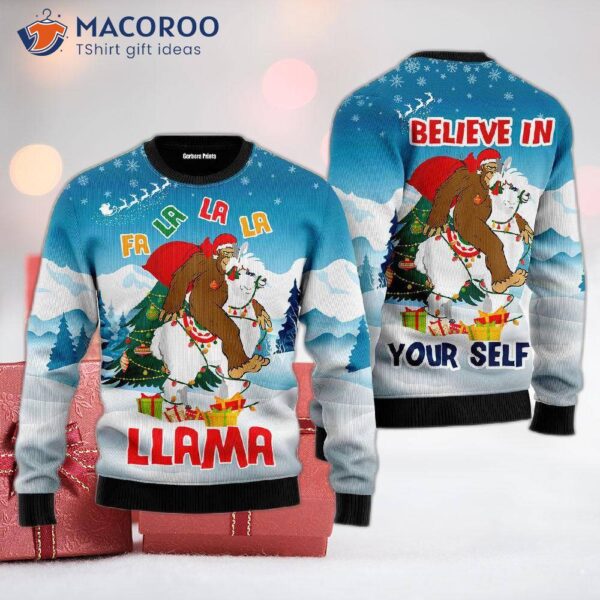 Bigfoot Riding A Llama Ugly Christmas Sweater