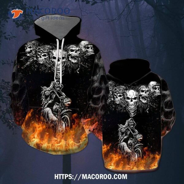 Biker Skulls On The Fire All Over Print 3D Hoodie, Halloween Treats For Teachers