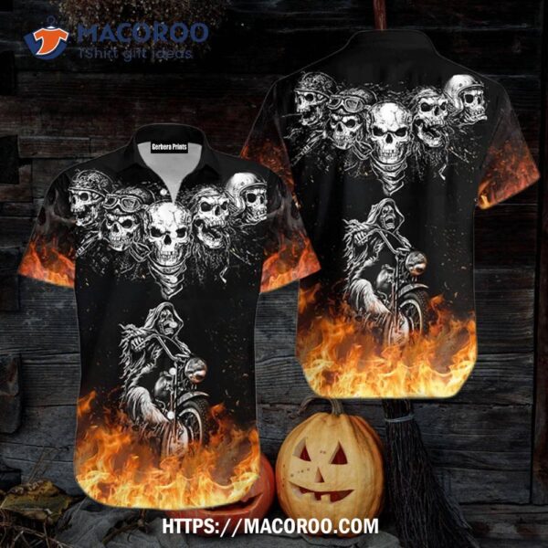 Biker Skulls On The Fire Hawaiian Shirts, Halloween Gifts For Adults