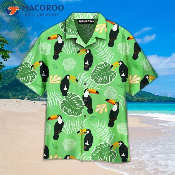 Birds With Tropical, Exotic Palm Leaves Pattern Green Hawaiian Shirts