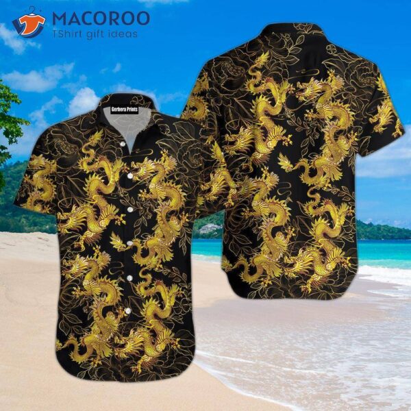 Black And Gold Oriental Dragon Floral Pattern Hawaiian Shirts