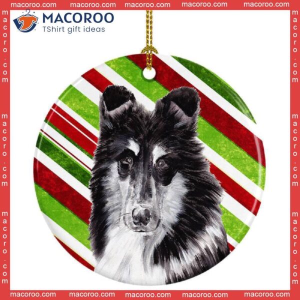 Black And White Collie Candy Cane Christmas Ceramic Ornament