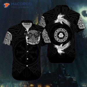 black and white viking raven norse hawaiian shirts 0