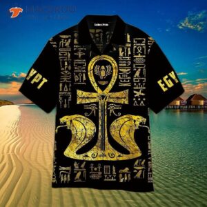 Black And Yellow Hawaiian Shirts With An Ankh, Ancient Egyptian Cross, A Snake.