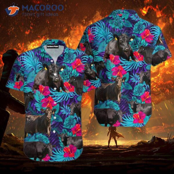 Black Angus Blue Hibiscus Flower Tropical Cattle Lover’s Hawaiian Shirts