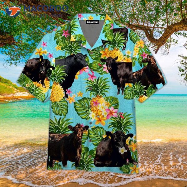 Black Angus Cattle Pineapple Tropical Green Leaf Hawaiian Shirts