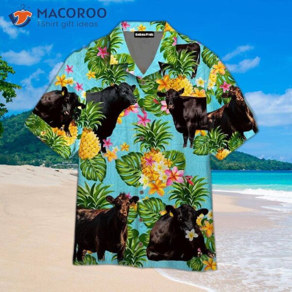 Black Angus Cattle Pineapple Tropical Green Leaf Hawaiian Shirts