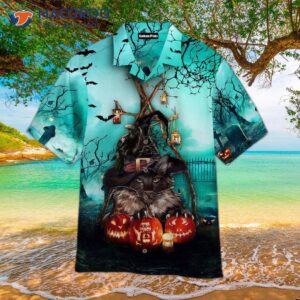 black cat and pumpkin happy blue halloween hawaiian shirts 0