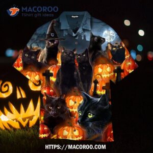 Black Cat And Scary Halloween Pumpkin Hawaiian Shirts, Halloween Gift