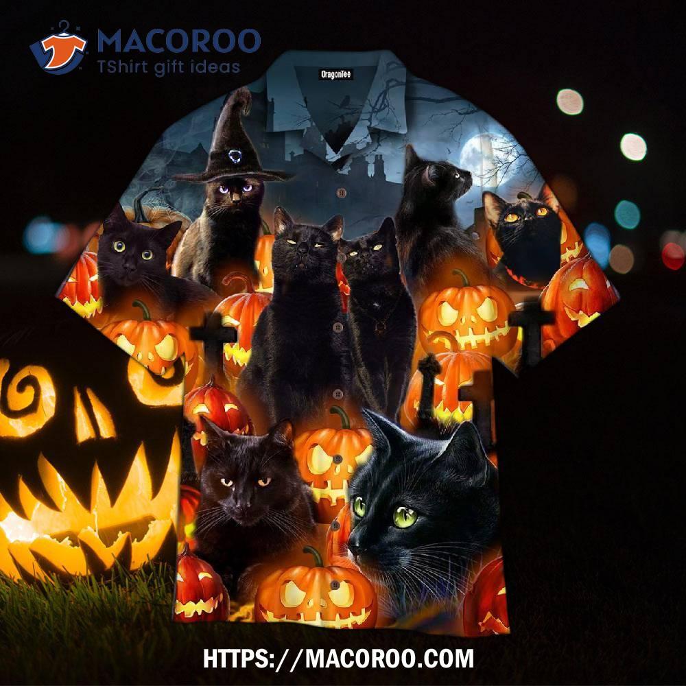 Black Cat And Scary Halloween Pumpkin Hawaiian Shirts, Halloween Gift Black Cat And Scary Halloween Pumpkin Hawaiian Shirts, Halloween Gift