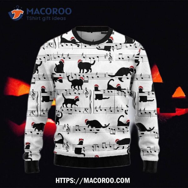 Black Cat Christmas Music Ugly Sweater, Spooky Gifts