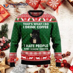 Black Cat Drinking Coffee Ugly Christmas Sweater