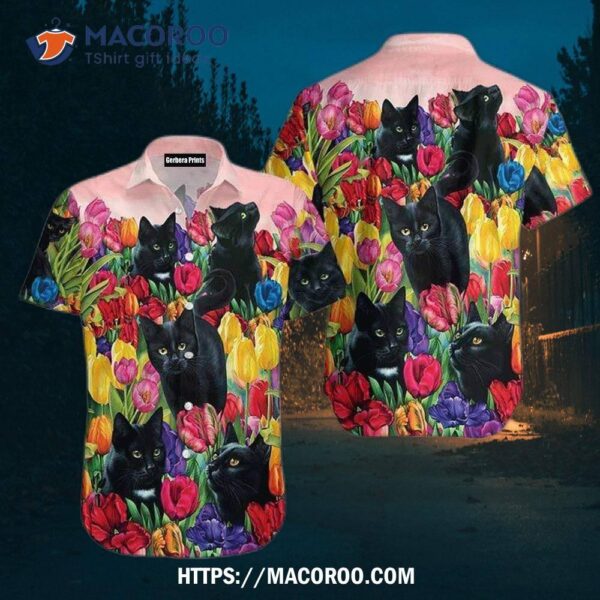 Black Cat Flowers Hawaiian Shirts, Favors For Halloween Party