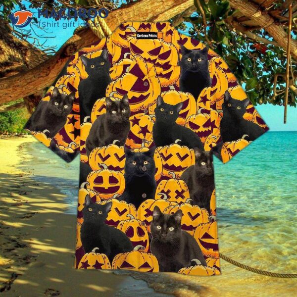 Black Cat Halloween Yellow Hawaiian Shirts