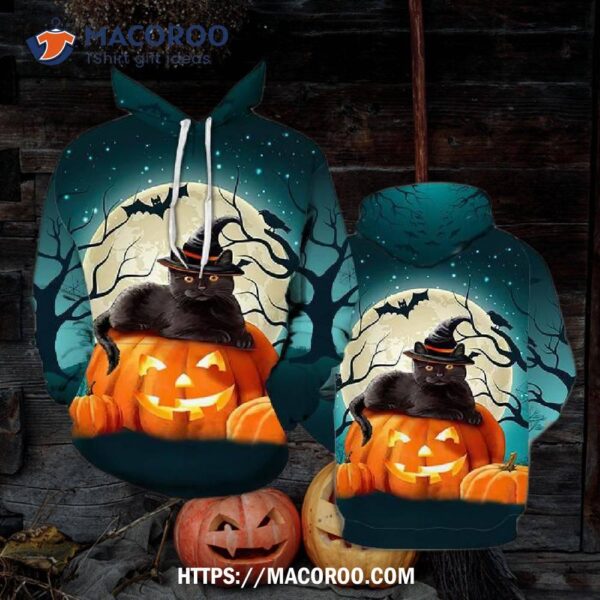 Black Cat Happy Halloween All Over Print 3D Hoodie, Halloween Gifts For Kids