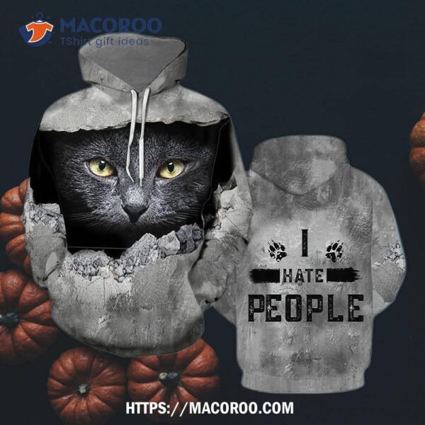 Black Cat I Hate People All Over Print 3D Hoodie, Halloween Treat Gifts