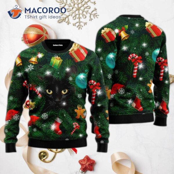 Black Cat Inside Tree Ugly Christmas Sweater