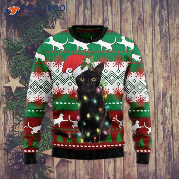 Black Cat Light Christmas Ugly Sweater