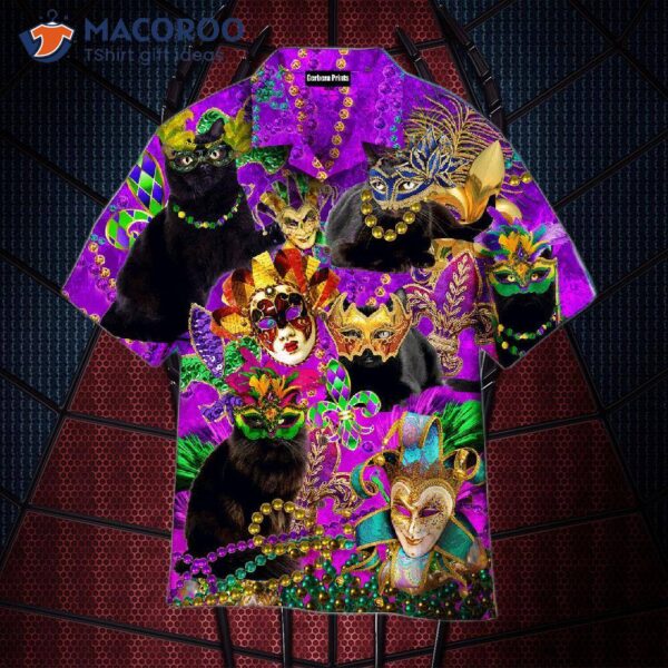 Black Cat Mardi Gras Pattern Purple Hawaiian Shirts