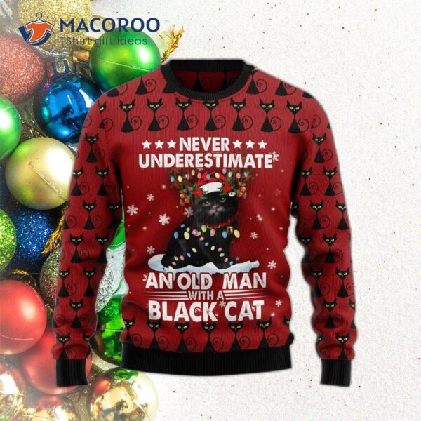 Black Cat Old Man Ugly Christmas Sweater