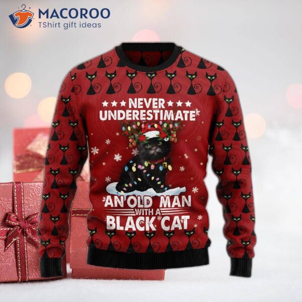 Black Cat Old Man Ugly Christmas Sweater