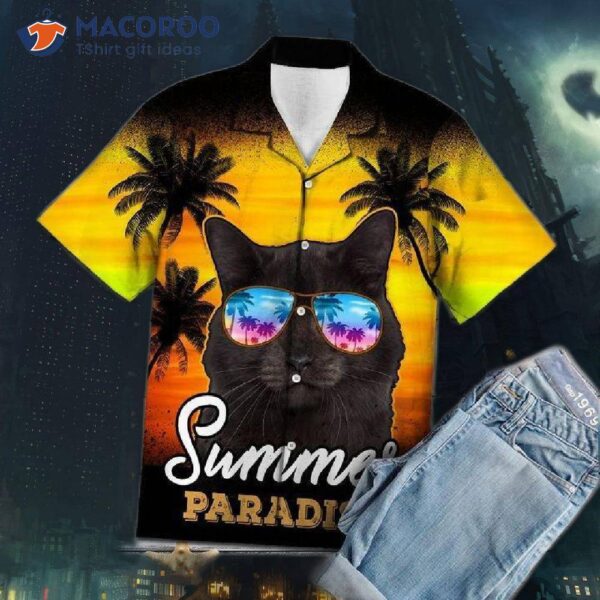 Black Cat Paradise Yellow Hawaiian Shirts