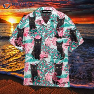 Black Cat Pink Hibiscus Floral Tropical Pattern Hawaiian Shirts