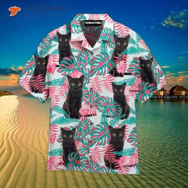 Black Cat Pink Hibiscus Floral Tropical Pattern Hawaiian Shirts