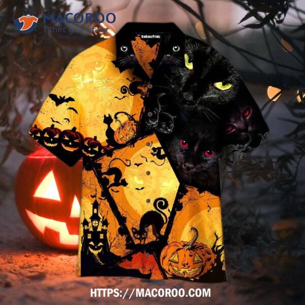 Black Cat Pumpkin Halloween Orange And Hawaiian Shirts, Spooky Bouquet