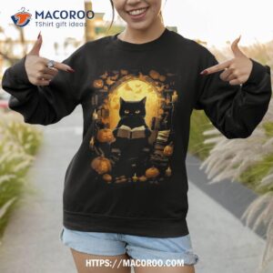 black cat reading books pumpkin autumn teachers halloween shirt cute halloween gifts sweatshirt 1