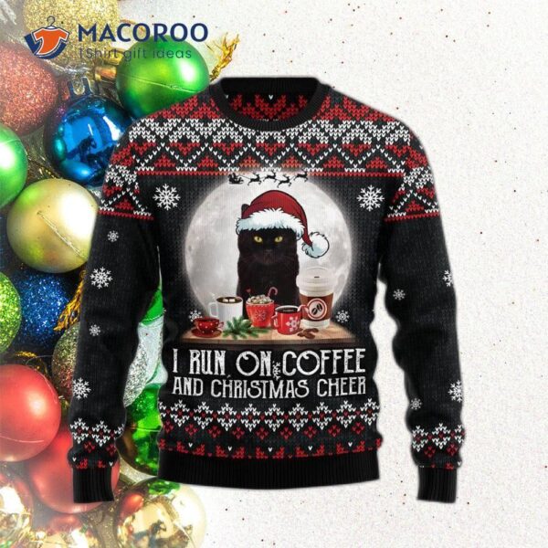 Black Cat Running On Coffee Ugly Christmas Sweater